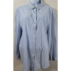 Peck&Peck Light Blue Pearl Button Up Top XL Pearls On Pointed Collar Lightweight